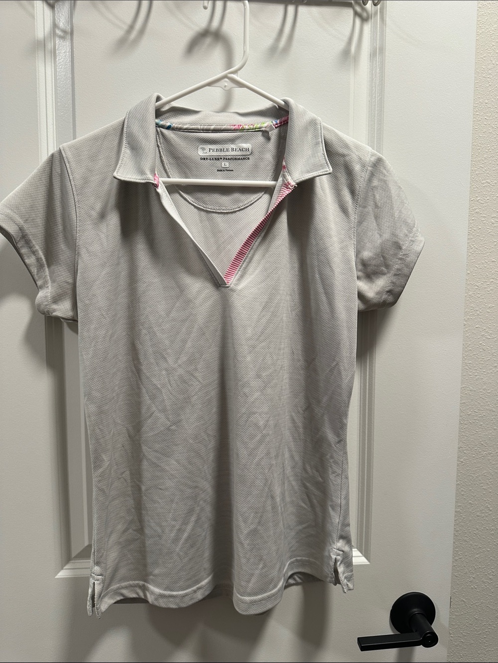 Pebble Beach White Polo Top with Pink Trim Accents